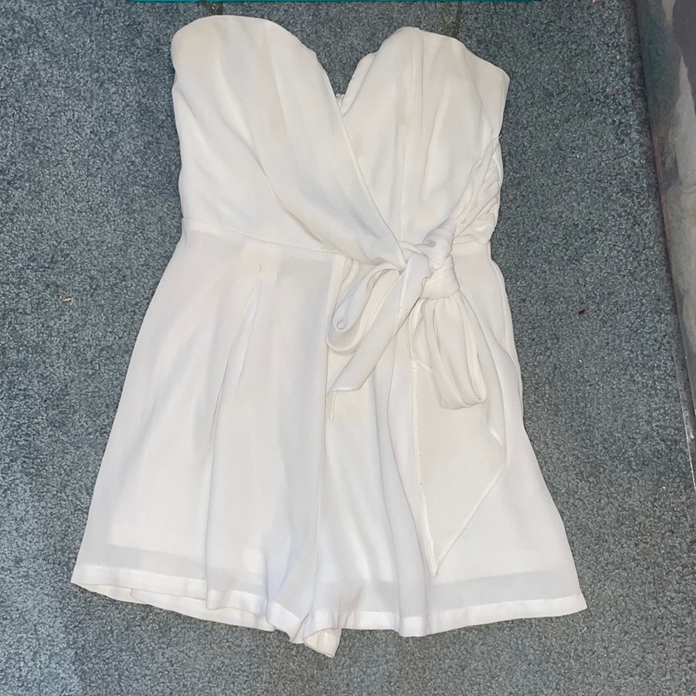 White Latiste strapless romper with tie front